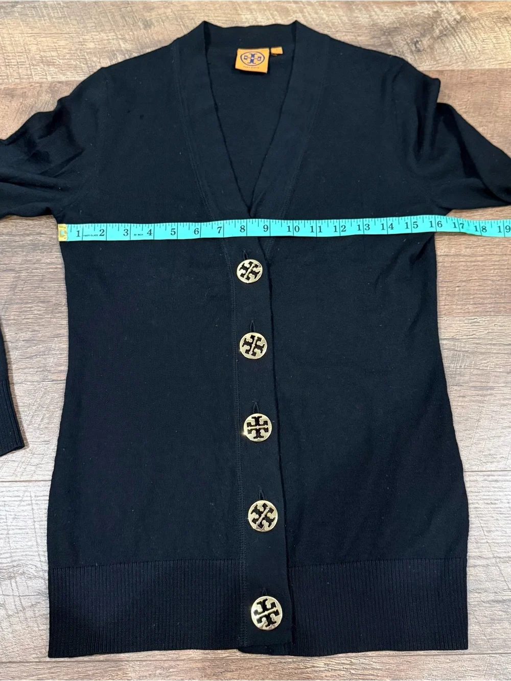 Tory Burch Merino Wool Black Sweater with Oversized Gold Logo Buttons *Flaws